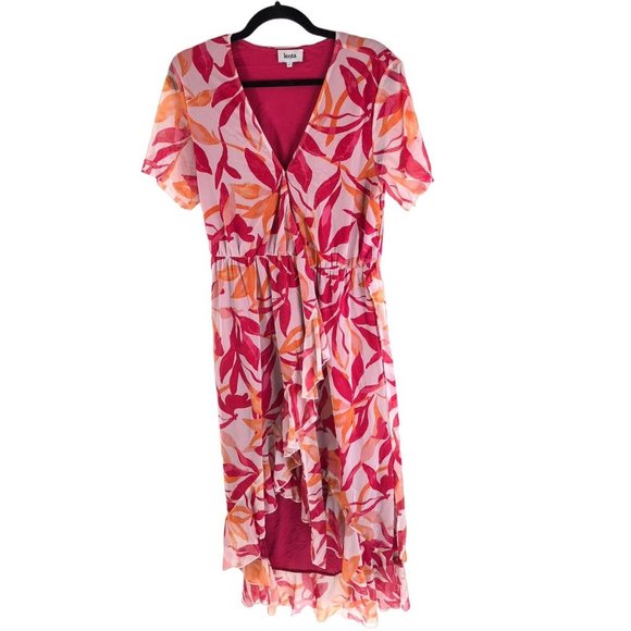 Leota Dresses & Skirts - Leota Womens Midi Mesh Dress Leaf Print Short Sleeve V-Neck Ruffle Skirt Pink L